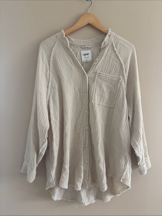 aerie Tops - Aerie Pool To Party Cover Up Tan Oat Size Small Button Tunic Oversized Fray Hem